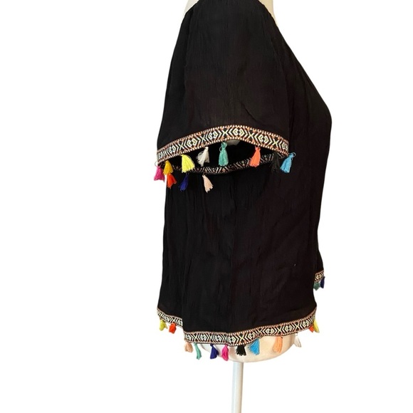 Speed Limit MPH Women's Gauzy Peasant Top Size M Black with Multicolor Tassels - Picture 4 of 8